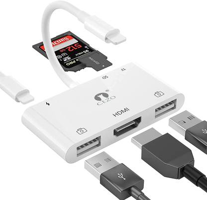 Cezo Lightning OTG Adapter for Dual USB Camera / Digital AV Adapter HDMI 1080P / SD Card Reader 6 in 1 Adapter for iPhone iPad, Support MIDI Keyboard, Mouse, HD TV/Projector/Monitor, Plug and Play