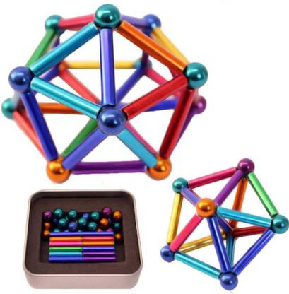 NH WORLD Colorful Magnetic Sticks and Balls, Magnet Toys for Kids Pack of 36 Magnetic Sticks & 27 Steel Balls for Kids Learning, Puzzle & Brainstorming Toy