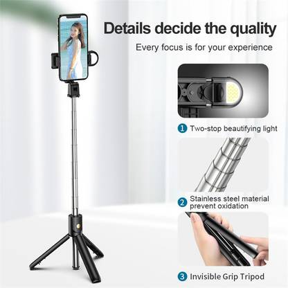 POZUB PZBL03 Selfie Stick Tripod With Fill Light Wireless Bluetooth Detachable Remote, 360°Rotation, Selfie Stick And Stand R1S With Flash Light And Remote Control Selfie Stick Extendable Stick Mini Tripod With Detachable Remote For Smart Selfie Phone Holder Best Use For Make Videos Compatible With Mobiles Video Stand In Gimbal Stabilizer, |In Mobile Holder For Hand| Stand For Online Classes Tripod, Monopod, Monopod Kit, Tripod Ball Head, Tripod Bracket, Tripod Clamp, Tripod Kit