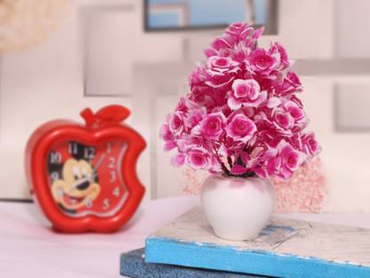 NERAPI Beautiful Mini Love Pink Wild Rose Flower Plant For Décoration, Pink Rose Artificial Flower with Pot