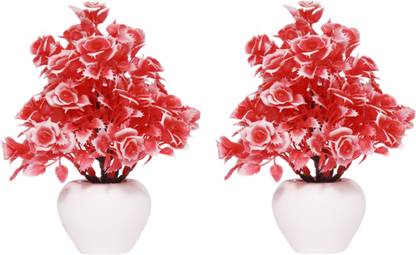NERAPI Set of 2 Piece Mini Love Red Roses Flower Plant for Home/Office Décor Accent, Red Rose Artificial Flower  with Pot
