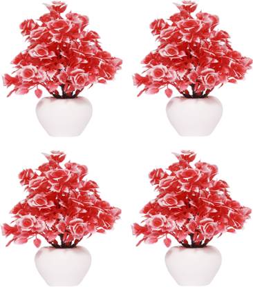NERAPI Set of 4 Piece Mini Love Red Roses Flower Plant for Home/Office Décor Accent, Red Rose Artificial Flower  with Pot