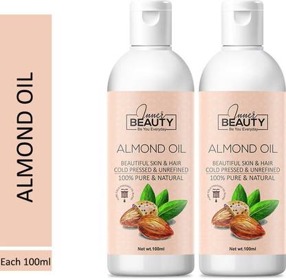 Inner Beauty 100% Natural & Pure Sweet Almonds Oil For Natural Texture, Strong, Shiny, Spilt ends & Dandruff Free Hair- Brighten up Complexion, Anti Aging, Age Spot, Fine Line Reducer (For Men & Women) Skin & Face & Hair Care Oil-200 ML (Pack Of 2) 100 ML Each Hair Oil