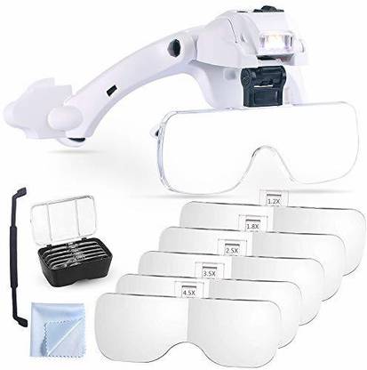 A&S TOOLSHOP Headband Magnifier with LED Light, Handsfree Reading Magnifier Glasses, Magnifying Glasses with LED Light 5 Detachable Lenses for Reading, Jewelry Loupe & Electronic Repair 1.2X 1.8X 2.5X 3.5X 4.5X Headband Magnifier with LED Light