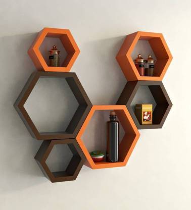 KHUSUBHDECOR WOODEN HEXA ( ORANGE, BROWN) Wooden Wall Shelf