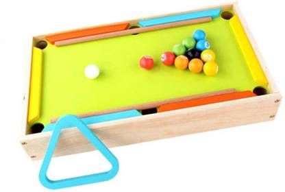 QBIC Billiards Mini Portable Wooden Table Snooker Game Set with Ball, Cue Stick and Triangle for Kids / Wooden Snooker Table Toy for Kids Party & Fun Board Game