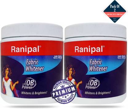 spicy wind Ranipal Fabric Whitener assures whiteness & removes tough stains. It is suitable for use on White Cottons & Terrycots. Ranipal Fabric Whitener should be used BEFORE washing clothes with detergent. ... A special formula of this range is provided with OB power provides extra sparkling shine to the clothes. 240 gm X 2 = 480 gm net weight Multi-Fragrance Fabric Whitener