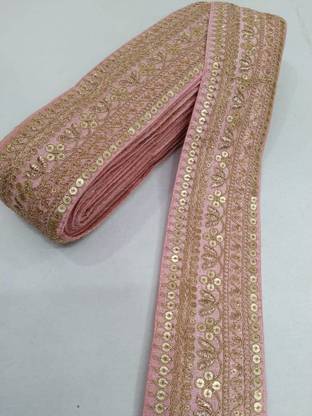 Borders New Handmade Lace Reel with Elegant Golden Zari Work (9 M x 3 in, Baby Pink) Lace Reel