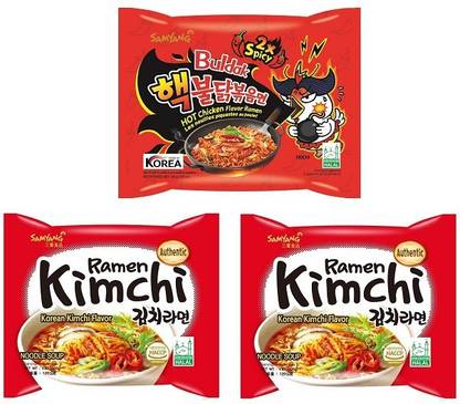 Samyang Buldak Ramen Kimchi Hot Chicken Flavour Ramen Instant Korean Noodles - 135gm*2Pack & Hot Chicken 2 XSpicy Noodles PK1 140Gm (Pack of 3) 410Gm (Imported) Non-Vegetarian Instant Noodles Non-vegetarian