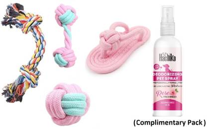 Hachiko Best Quality Dog Cotton Chew Toys Kit ( Pack of 4) (Cotton Ball Toy + Cotton Nod Rope Toy + Cotton Dumbble Toy + Cotton Slipper Chew With Complimentary Pack of Dog Deodorant.) For All Breed Pet Playing ,Exercise Small,Medium and Large Dogs Durable Teething Ropes,Tug of War Ball Training Playing, (Combo of 4) Rubber Chew Toy, Rubber Toy, Soft Toy For Dog