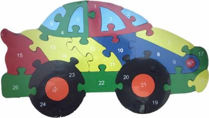 RS Wooden Shaped Coloured Car Puzzle with Numbers (1-26) for Kids to Learn Letters and Numbers - Colour Recognition Toy.- Multi Color