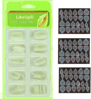 LikeUp Latest New Packing Imported Gorgeous 100pcs Reusable Transparent Artificial Nail Tips Best False Nails with 3 sheet nail tab sticker 100% water proof Gorgeous 100pcs acrylic artificial shining fake nails Natural Color