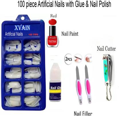 XVAIN Artificial nails with nail polish, nail cutter and 2 piece nail filler, 100 Pcs Reusable Acrylic False Nails With Nail Glue and 2 piece Nail Filler For Women's & Girls White (Pack of 100) WITH DIFFERENT SHAPES AND STYLES WHITE White