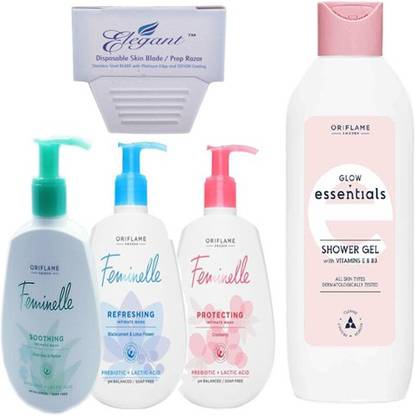 Oriflame Sweden RED KINGDOM FAMINELLE INTIMATE WASH 300ML (1 ALOE VERA, 1 BLACK CURRENT&LOTUSFLOWE, 1 CRANBERRY), GLOW ESSENTIAL SHOWER GEL 250ML 2PCS, 1 ELEGANT (6 TIEM INT THE SET)