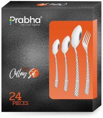 PRABHA 24 Pcs Crysta Print Cutlery Set With Box Stainless Steel Spoons Set, Spoon & Fork (Contains: 6 Table Spoons, 6 Tea Spoons, 6 Table Forks, 6 Dessert Spoons), Silver Stainless Steel Cutlery Set