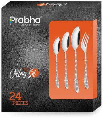 PRABHA 24 Pcs Fusion Print Cutlery Set With Box Stainless Steel Spoons Set, Spoon & Fork (Contains: 6 Table Spoons, 6 Tea Spoons, 6 Table Forks, 6 Dessert Spoons), Silver Stainless Steel Cutlery Set