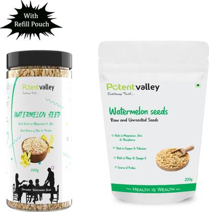 Potentvalley Watermelon seeds for eating, Organic watermelon seeds Without Artificial Sweeteners, Non Dairy, Non-GMO, Vegan (200 gm Airtight Jar + 200 gm Refill Pouch)
 (Airtight Jar 200 gm) Watermelon Seeds