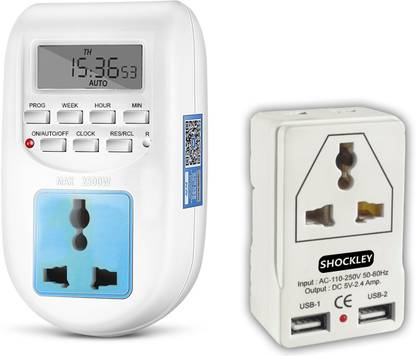 shockley (24x7) Digital Programmable Electronic Timer/Energy Saving Socket Type for Mobile Charging, Lightning Control Combo (Timer + Dual USB Socket) Programmable Electronic Timer Switch