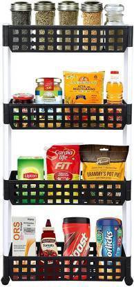 NEWON 4 Layer | Black & White | SLIM Classic Luxe- Smart Storage Organizer – Multipurpose & Easy-To-Move Slide Out Shelf Rack Trolley (Plastic) With Wheels for Kitchen | Bedroom | Bathroom | Home | Pantry | Washing & Utility Area Plastic Kitchen Trolley Plastic Kitchen Trolley