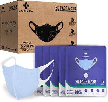 Care View 3 Dimensional Disposable Face Mask Pouch with 4 Layered Filtration, SITRA and BIS(ISI) certified & Incredibly Soft Spandex Non Woven Fabric Ear loop (MEDICAL BLUE, PACK OF 50) 3D Mask Blue