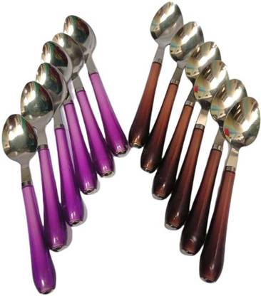 AYDIN Dining Table Spoon Set Of-12 for Kitchen and Dining Table Steel with Shiny Blue And Brown Plastic Handle Spoon Set for Home and Kitchen (Set of 12) Steel Table Spoon Set Stainless Steel, Plastic Dessert Spoon, Table Spoon Set