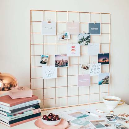 Classipro Metal Rose Gold Wall Grid Panel for Photo Hanging Display With 8.Pcs Clips & Wall Decoration Organizer (80 x 40 x 1 cm)