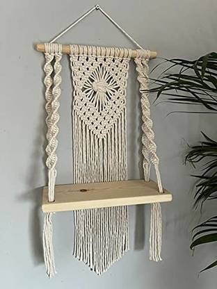 Cubern Macrame Handmade Wooden Wall Shelf | Bohemian Wall Shelf for Living Room, Bed Room (Twisted) Pack of 2
