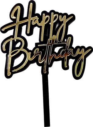 Pretty Creations Acrylic Stylish Font Double Layered Happy Birthday Cake Topper, Decoration Cake Topper(Pack of 1, Black-Golden) Cake Topper