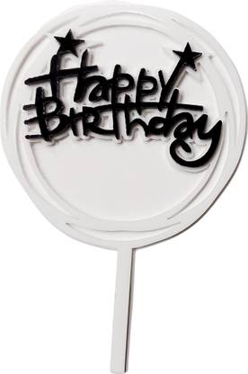 Pretty Creations Acrylic Circle Shaped Double Layered Happy Birthday Cake Topper, Decoration Cake Topper(Pack of 1, Black-White) Cake Topper