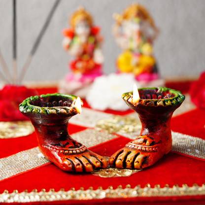 LUPAAVA Diyas For Home Decorations - Diyas Laxmi Foot Diya For Home Decor Terracotta (Pack of 2) Table Diya Set