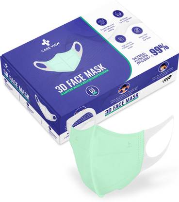 Care View 3D Reusable Face Mask with 4 Layered Filtration certified & Incredibly Soft Spandex Non Woven Fabric Ear loop (MEDICAL GREEN, PACK OF 50) 3D Face Mask