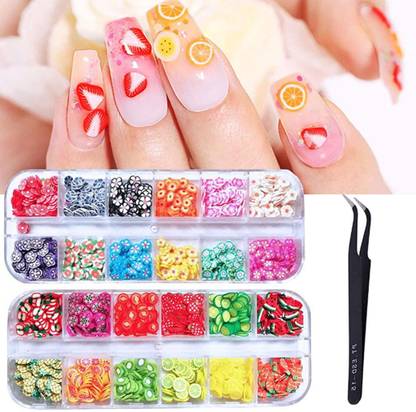 मेक्रिएट 2 Boxes 3D Nail Art Kit Fruit Polymer Slices DIY Nail Art Slices Colorful Crystal Flower Fruit Clay Nail Slice Nails Sequins DIY Nail Art Marking Tools