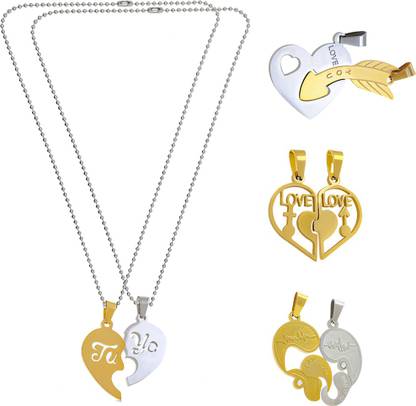 Saizen Couple Special Silver and Gold plated Multiple Design Dual Love locket Heart Pendant with 2 ball Chain for Girls & Boys Rhodium, Gold-plated Stainless Steel Pendant Set