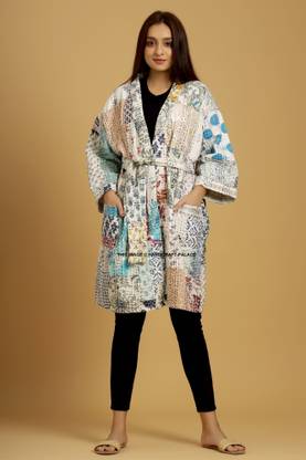 Handicraft-Palace White Patchwork Kantha Quilted Bathrobe Kimono Bikini Cover Up Jacket Free Size Bath Robe