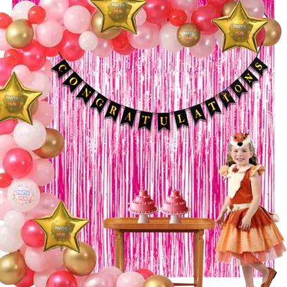 Party Hub "Congratulations" Banner for Wedding Anniversary, Graduation Party Decors, Retirement, Achievement, Baby Shower 90 Gold, White, Pink Latex Balloon , 5 Gold Star 18", 2 Pink Foil Curtain (Pack Of 98) For Party Decoration