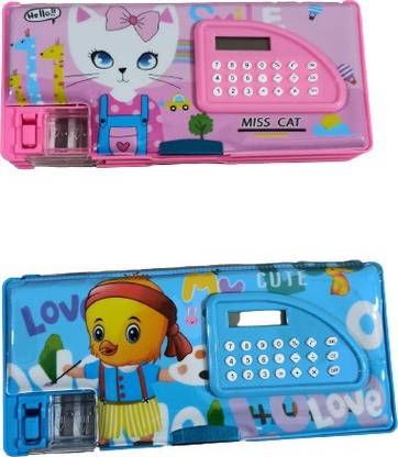 SALTANAT TRADERS New Calculator Design Multicolor Pencil Boxes Kids School Accessories Geometry Pencil Box for Girls and Boys Pack of 1 (Pink, Blue) Geometry Box