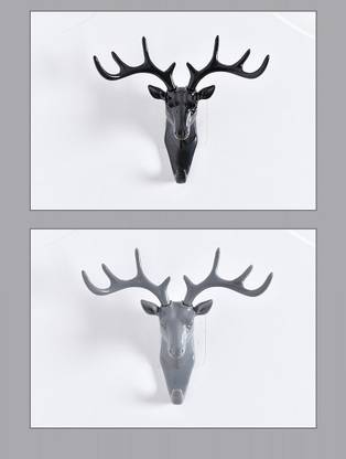 Dhruv Mart Deer Head Hooks Self Adhesive Decorative Animal Wall Key Hangers for Coats, Bag, Heavy Duty, Rustic, Keys Sticky Holder for Home or Office (Pack of 2 Pc, Black & Grey) Plastic Key Holder