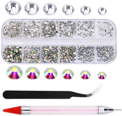 maycreate 1500 PCS, 6 Sizes Nail Art Kit Flat Back AB Crystal Rhinestones and Clear Crystal Rhinestones with Pick Up Tweezer and Rhinestone Picker Dotting Pen