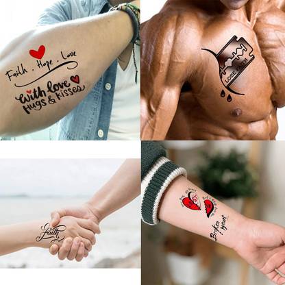 voorkoms Faith Hope Love Tattoo, Loose Faith Blade Cut Blood Droop(Heart in love), 3D Faith Tattoo , Broken Heart Love Tattoo men&women Waterproof temporary tattoo for all boys and girls pack of 4
