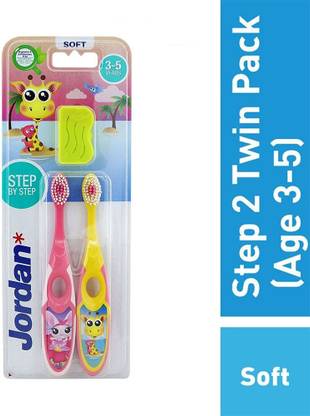 Jordan Step 3-5 Years Bristles - Random Color (Pack Of 2) Made In Malaysia Soft Toothbrush