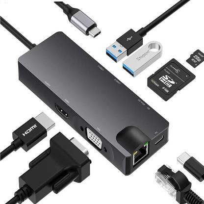 dhruvga 8 in 1 USB C HUB Type C Dock USB 3.0 Adapter USB3.0, TF Card, SD Card, Type-C, LAN, HDMI, VGA. (DHV-ADP-0140) (DHV-ADP-0140) USB Hub
