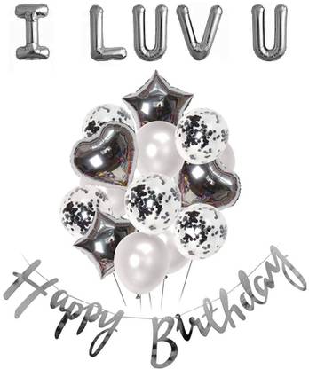 PopTheParty Happy Birthday Cursive Banner and I luv u 5 pcs alfabet Silver Decoration Set with 14 pcs Silver Bunch