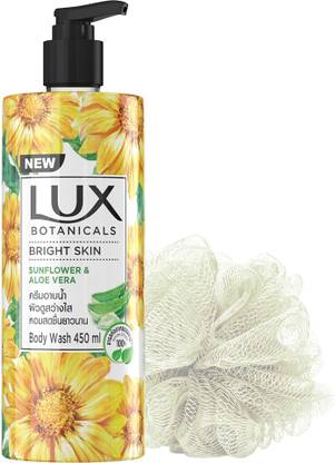 LUX Botanicals Bright Skin Body Wash, Sunflower & Aloe Vera,Shower Gel for Women, 100% Natural Extract, Paraben Free, Imported, 450ml (Free Loofah)