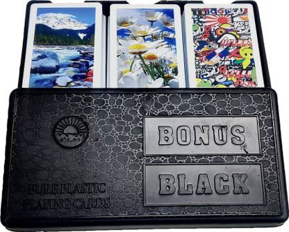 Gift Collection ™ Exclusive Black Bonus 100% Pure Plastic Exotic Playing cards with 3 set of cards in one hard plastic case (Pack of 3)