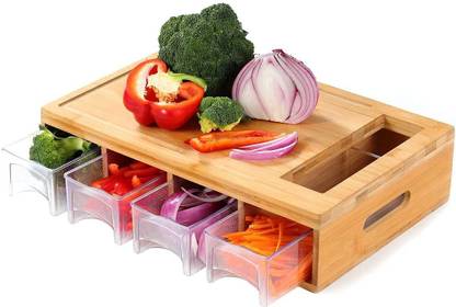 pinkparifashion Cutting Board with Containers, Chopping Board with Drawer Trays for Kitchen Space Saver, Slicing Board with Holder for Fruit & Vegetables, Wood Chopper Plate Bamboo Cutting Board