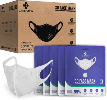 Care View 3 Dimensional Disposable Face Mask Pouch with 4 Layered Filtration, SITRA and BIS(ISI) certified & Incredibly Soft Spandex Non Woven Fabric Ear loop (WHITE , PACK OF 50) 3D Mask White