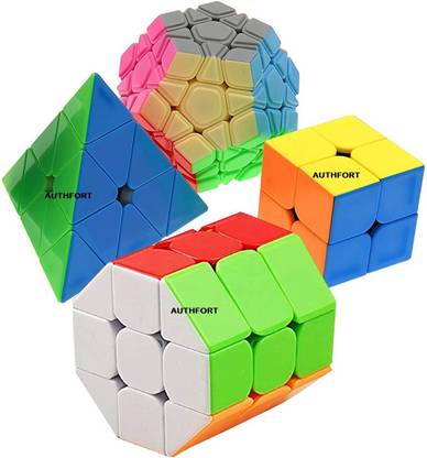 Authfort 3 X 3 Megaminx Sculpted Stickerless Pentagon cube and 3 X 3 Barrel, 2 X 2 & Pyramid Speed Stickerless Cube combo pack of 4