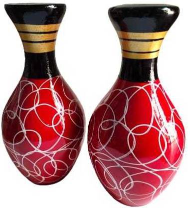 Dazz 8" inch Wooden Flower Vase/Pot in Red and White circle texture Set of 2 Wooden Vase