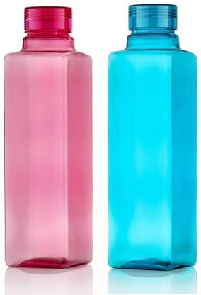 TULWIN Square Shape Water Bottle With PLASTIC CAP Cap 1000 ml (Pack of 2) (BLUE, PINK) 1000 ml Bottle