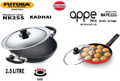 Hawkins Futura Deep-Fry Kadai NK25S , Hawkins Diecast Appe Pan Nape 22G Non-Stick Coated Cookware Set